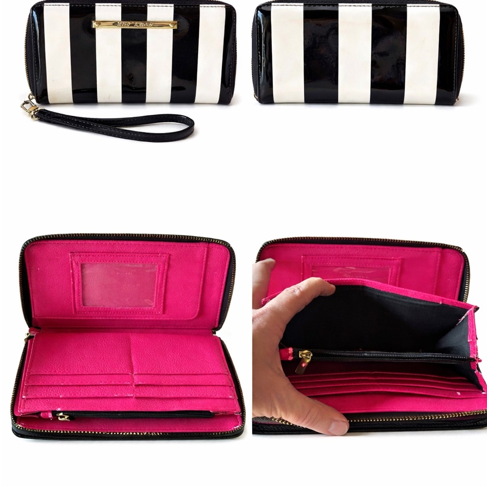 Striped Black & White Wristlet Wallet with Hot Pink Interior